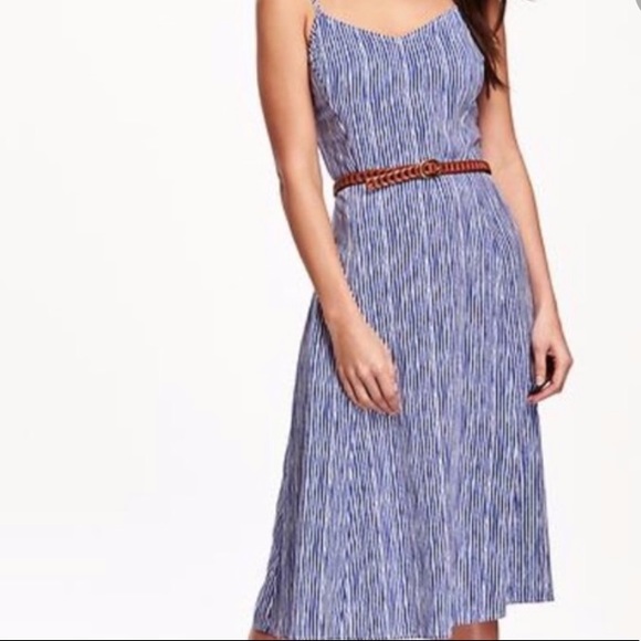 blue and white vertical striped dress